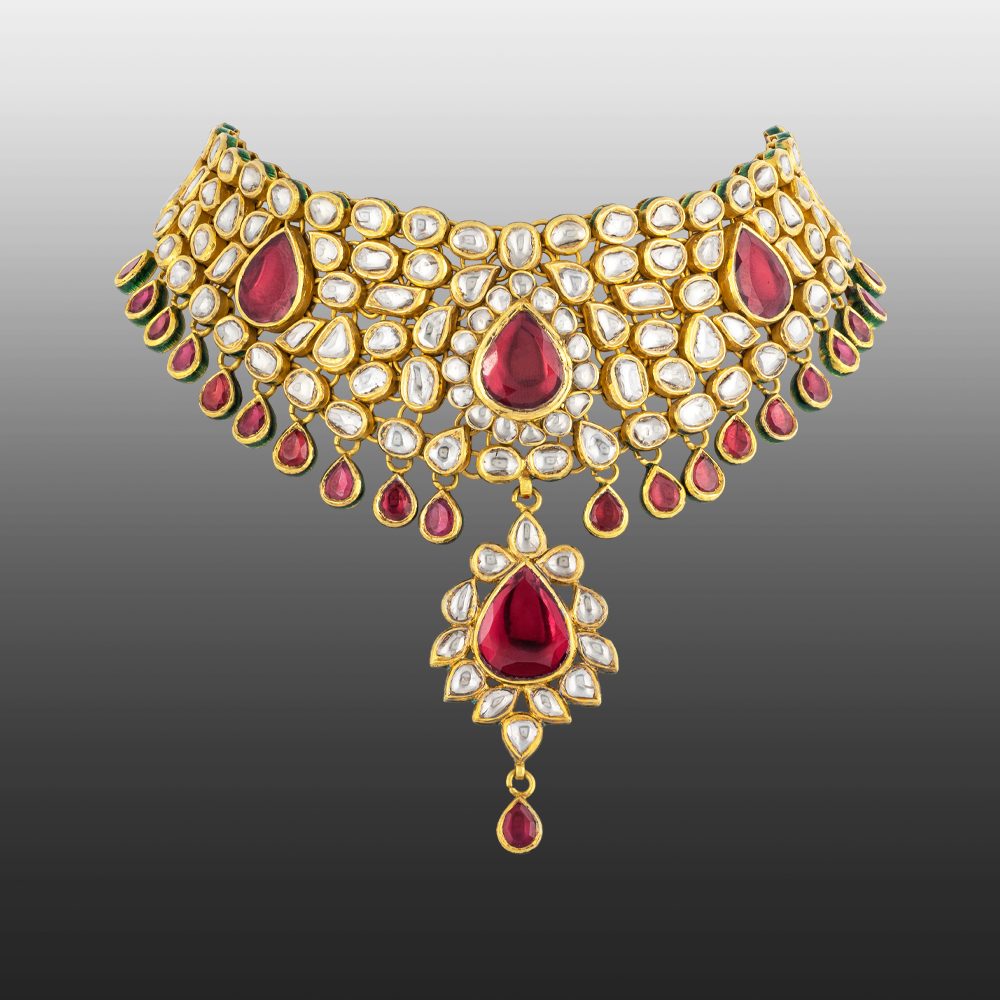 Pink Colourstone Polki Choker with Teardrop Accents